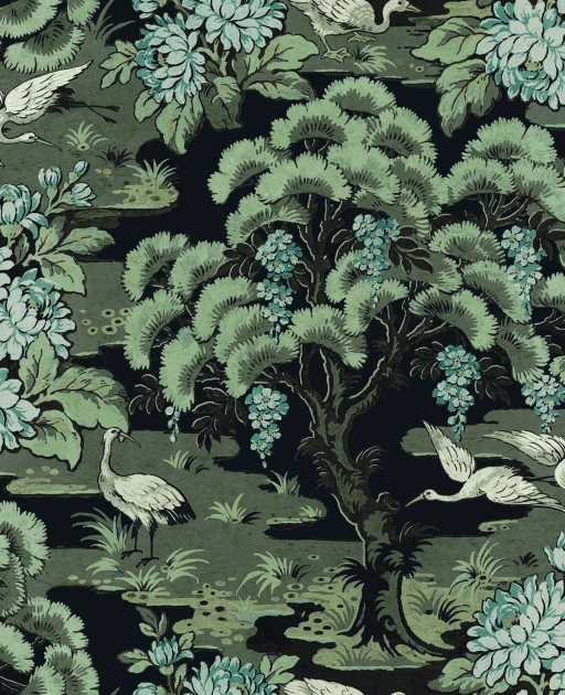 Wallquest CH30502 Chinoiserie Hanae Trees Onyx - tapeta w drzewa i czaple