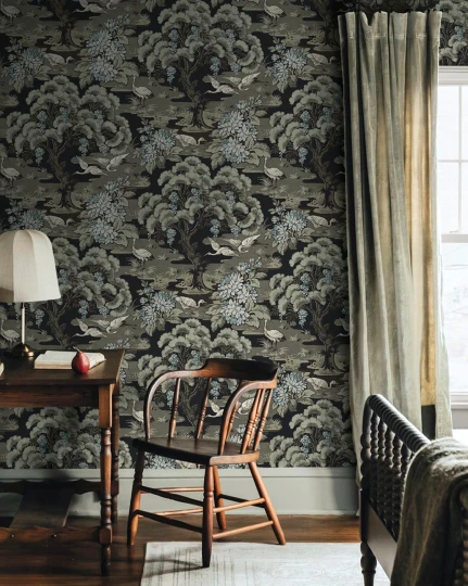 Wallquest CH30502 Chinoiserie Hanae Trees Onyx - tapeta w drzewa i czaple