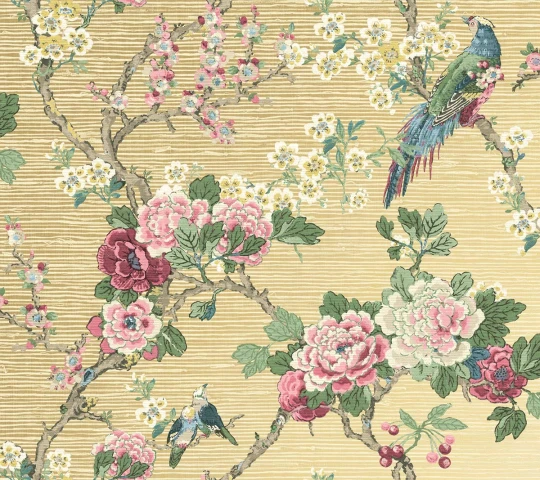 Wallquest CH30603 Chinoiserie Ume Bird Trail Summer - tapeta z tkaniny trawiastej w kwiaty