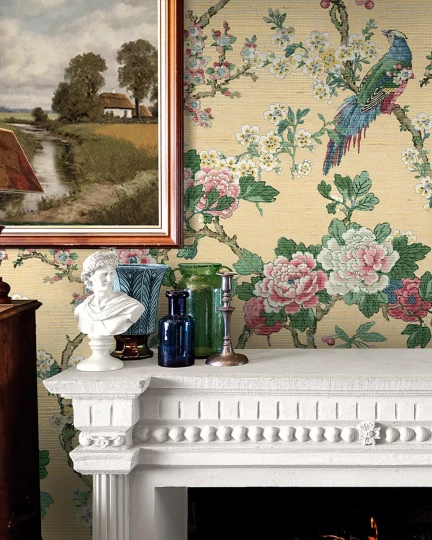 Wallquest CH30603 Chinoiserie Ume Bird Trail Summer - tapeta z tkaniny trawiastej w kwiaty