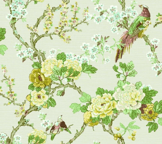 Wallquest CH30613 Chinoiserie Ume Bird Trail Winter - tapeta z tkaniny trawiastej w kwiaty