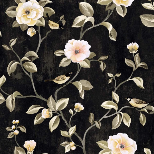Wallquest CH30800 Chinoiserie Arang Floral Trail Lacquer - tapeta w kwiaty na ciemnym tle