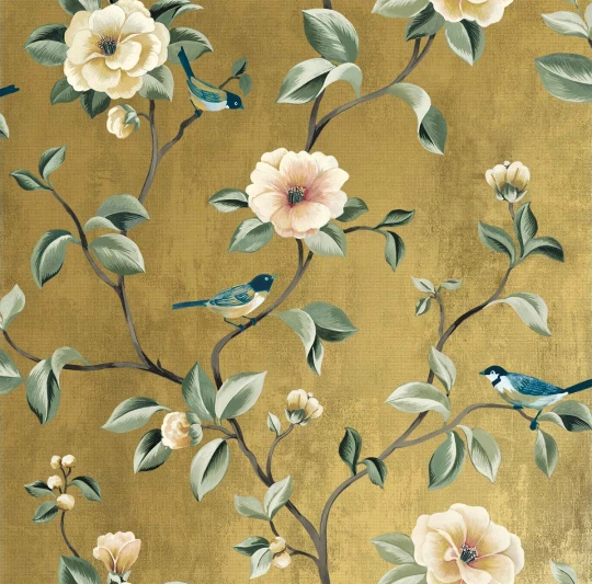 Wallquest CH30805 Chinoiserie Arang Floral Trail Palace - tapeta w kwiaty na złotym tle