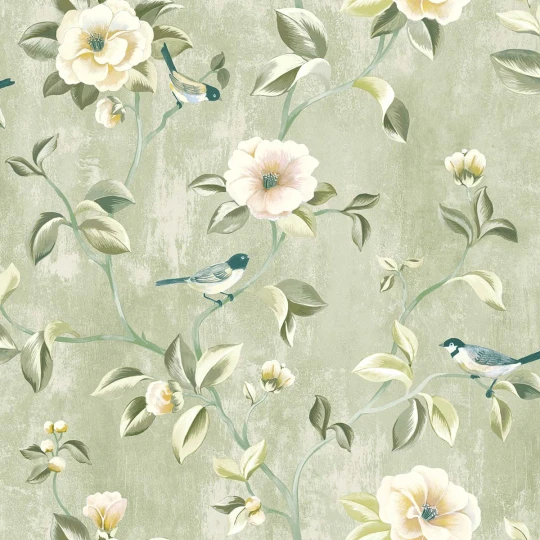 Wallquest CH30807 Chinoiserie Arang Floral Trail Sand - tapeta w kwiaty na złotym tle