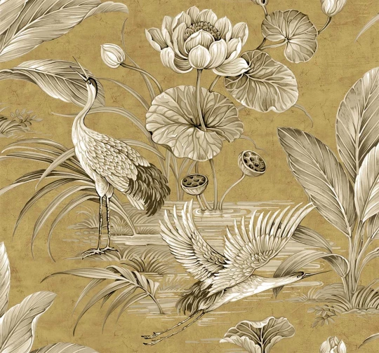 Wallquest CH30905 Chinoiserie Tsuru Bird Black Gold - tapeta w ptaki i staw
