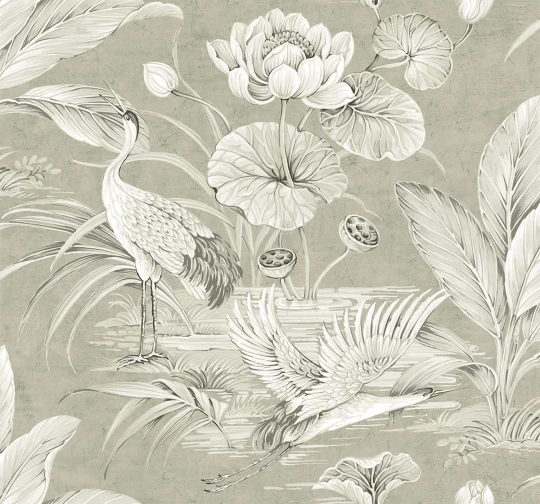 Wallquest CH30908 Chinoiserie Tsuru Bird Black Mica - tapeta w ptaki i staw
