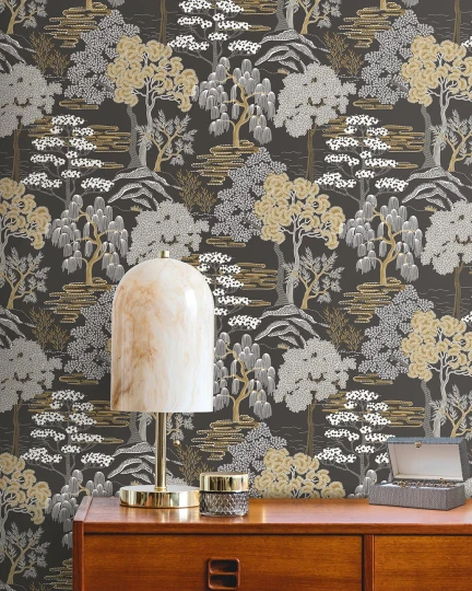 Wallquest CH31006 Chinoiserie Mori Trees Charcoal - tapeta w drzewa