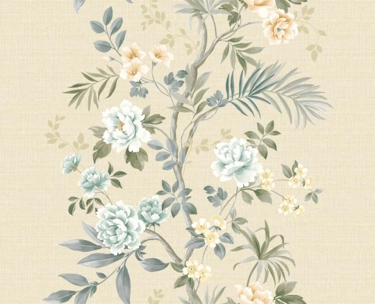 Wallquest CH31507 Chinoiserie Chaehwa Branch Specialty Sugar - tapeta z tkaniny trawiastej w kwiaty