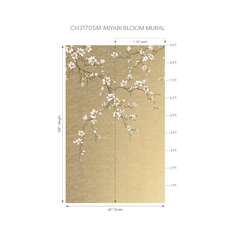Wallquest CH31705M Chinoiserie Miyabi Bloom Mural Gold - mural w gałęzie i kwiaty
