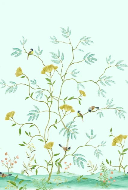 Wallquest CH31902M Chinoiserie Mokusei Branch Mural Sky - mural w drzewa i ptaki