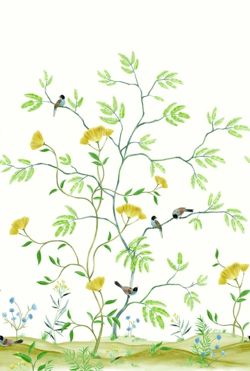 Wallquest CH31903M Chinoiserie Mokusei Branch Mural Meadow - mural w drzewa i ptaki