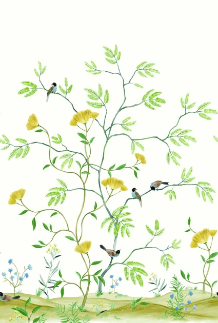 Wallquest CH31903M Chinoiserie Mokusei Branch Mural Meadow - mural w drzewa i ptaki