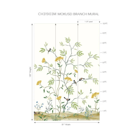 Wallquest CH31903M Chinoiserie Mokusei Branch Mural Meadow - mural w drzewa i ptaki