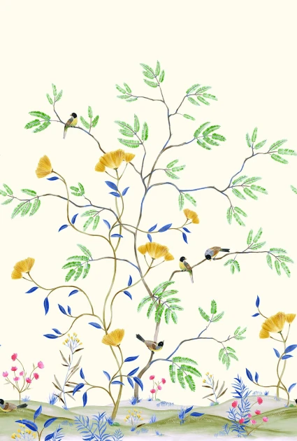Wallquest CH31912M Chinoiserie Mokusei Branch Mural Garden - mural w drzewa i ptaki