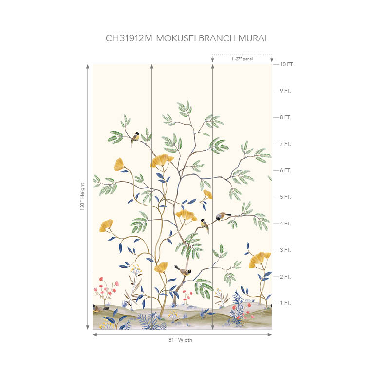 Wallquest CH31912M Chinoiserie Mokusei Branch Mural Garden - mural w drzewa i ptaki