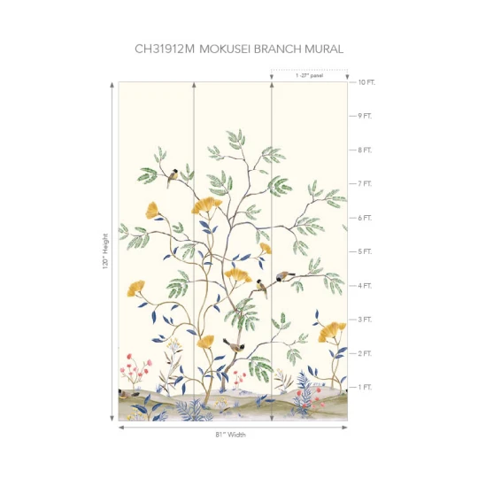 Wallquest CH31912M Chinoiserie Mokusei Branch Mural Garden - mural w drzewa i ptaki