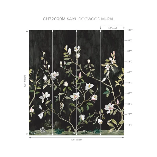 Wallquest CH32000M Chinoiserie Kaiyu Dogwood Mural Carbon - mural w kwiaty