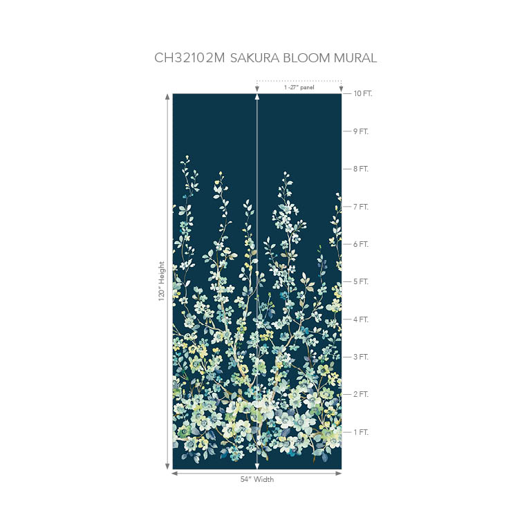 Wallquest CH32102M Chinoiserie Sakura Bloom Mural Night Sky - mural w kwiaty