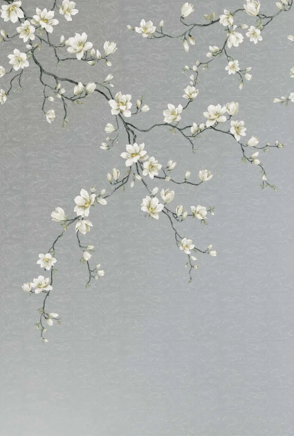 Wallquest CH32318M Chinoiserie Miyabi Bloom Mural Silver - mural w gałęzie i kwiaty