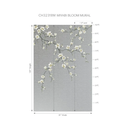 Wallquest CH32318M Chinoiserie Miyabi Bloom Mural Silver - mural w gałęzie i kwiaty