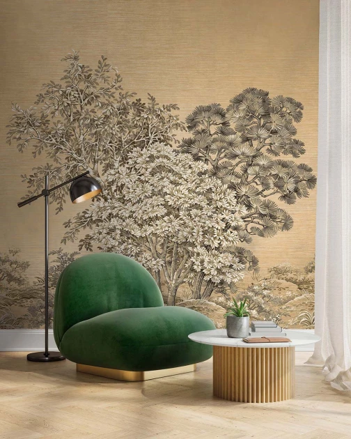 Wallquest TR71806M Trees Majestic Mural Oro - mural w drzewa z tkaniny trawiastej