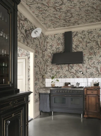 Sandberg S10685 Villa Como Alexa Misty Blue - mural w ptaki i rośliny w stylu vintage