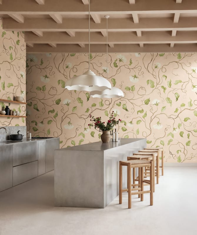 Rebel Walls R21666 Botanical Gardens Soft Vines Pink - mural w pnącza groszku i kwiaty