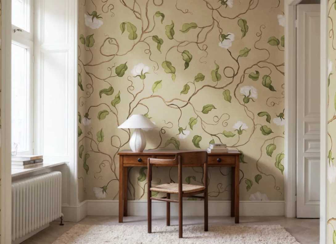 Rebel Walls R21667 Botanical Gardens Soft Vines Beige - mural w pnącza groszku i kwiaty