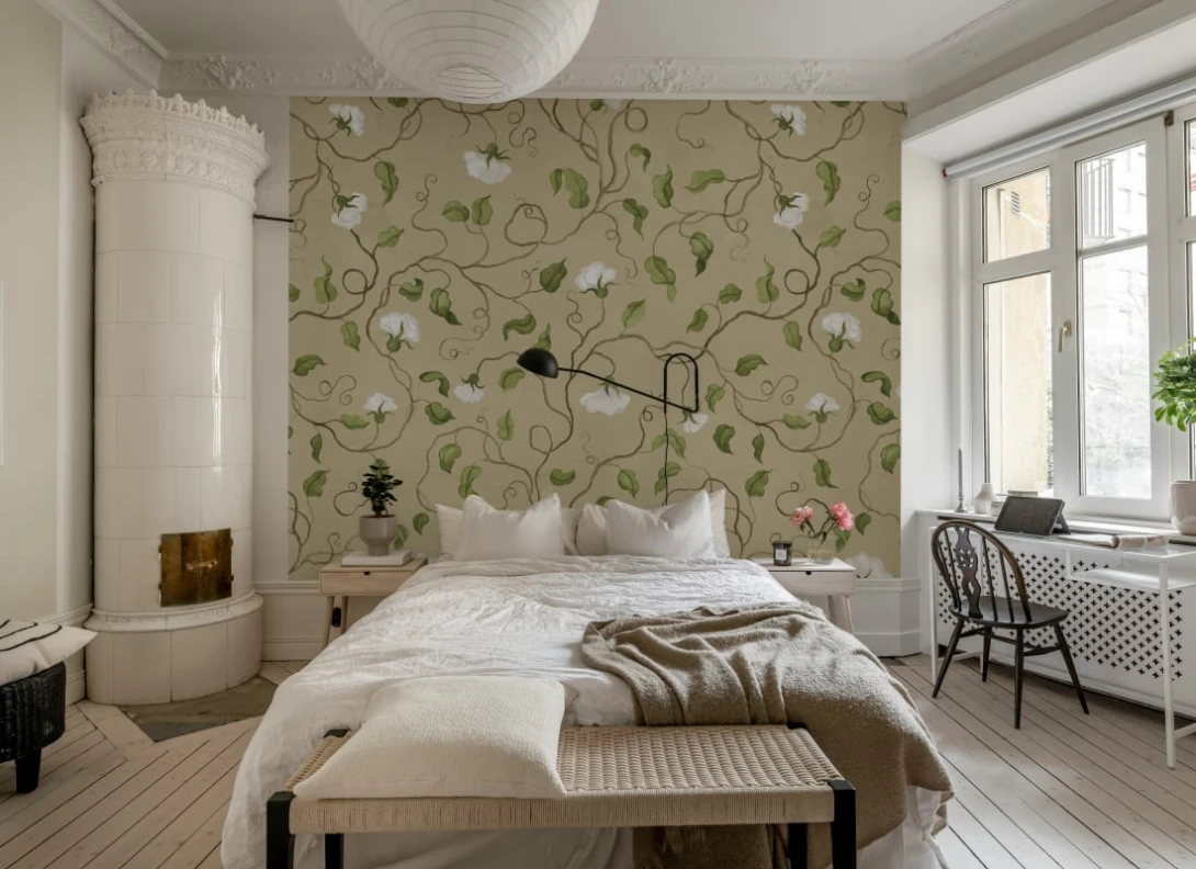 Rebel Walls R21667 Botanical Gardens Soft Vines Beige - mural w pnącza groszku i kwiaty