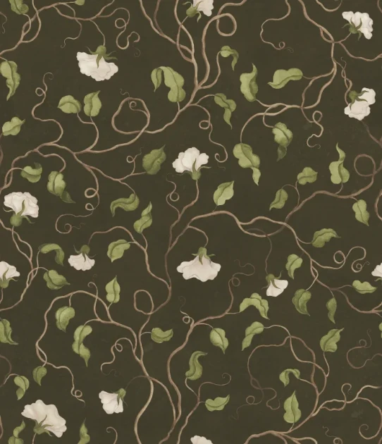 Rebel Walls R21668 Botanical Gardens Soft Vines Dark Green - mural w pnącza groszku i kwiaty