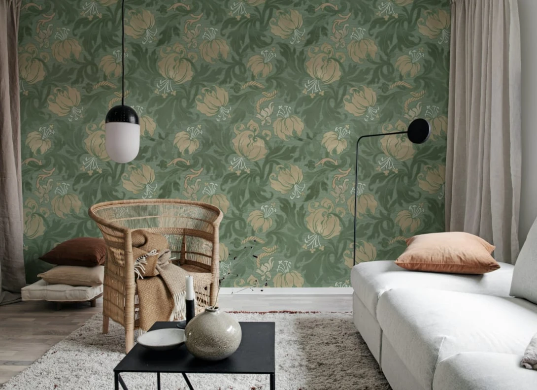 Rebel Walls R21677 Botanical Gardens Midnight Peony Green - mural w kwiaty w stylu Arts & Crafts