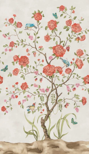 Rebel Walls R21648 Botanical Gardens Chinoiserie Botanica White - mural w kwitnące drzewka i ptaki