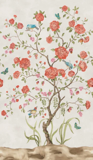 Rebel Walls R21648 Botanical Gardens Chinoiserie Botanica White - mural w kwitnące drzewka i ptaki