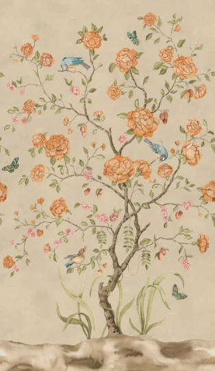 Rebel Walls R21649 Botanical Gardens Chinoiserie Botanica Yellow - mural w kwitnące drzewka i ptaki