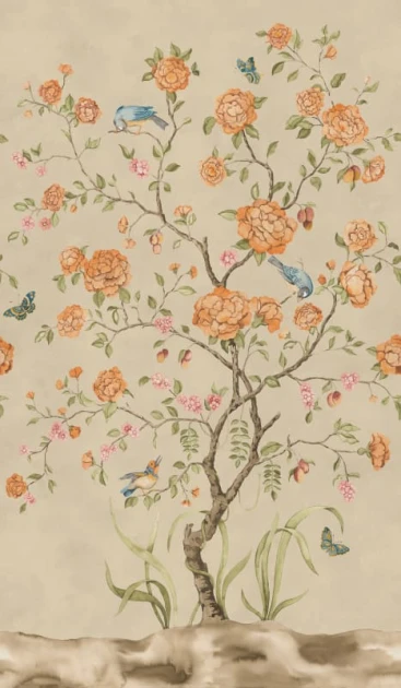 Rebel Walls R21649 Botanical Gardens Chinoiserie Botanica Yellow - mural w kwitnące drzewka i ptaki