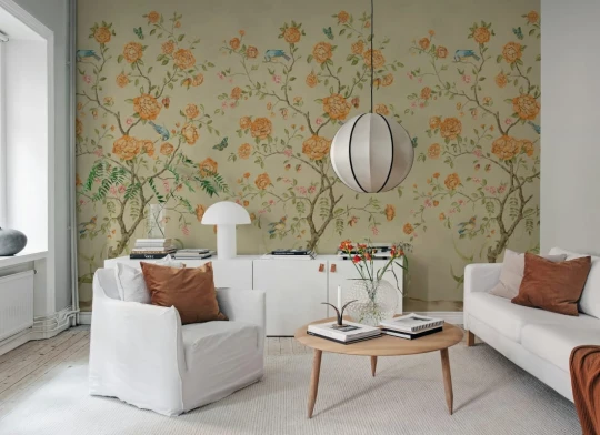 Rebel Walls R21649 Botanical Gardens Chinoiserie Botanica Yellow - mural w kwitnące drzewka i ptaki