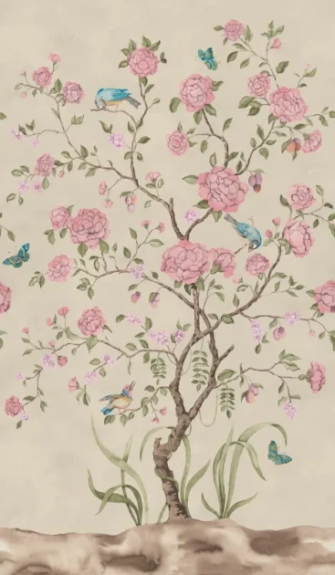 Rebel Walls R21650 Botanical Gardens Chinoiserie Botanica Pink - mural w kwitnące drzewka i ptaki