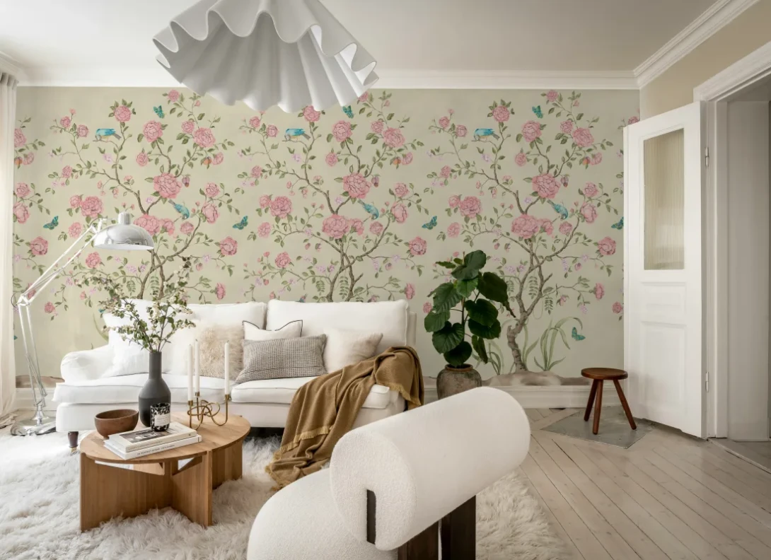 Rebel Walls R21650 Botanical Gardens Chinoiserie Botanica Pink - mural w kwitnące drzewka i ptaki