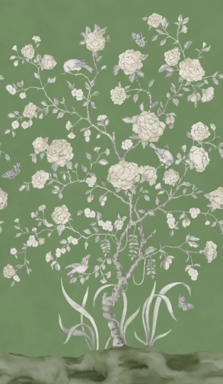 Rebel Walls R21652 Botanical Gardens Chinoiserie Botanica Green - mural w kwitnące drzewka i ptaki