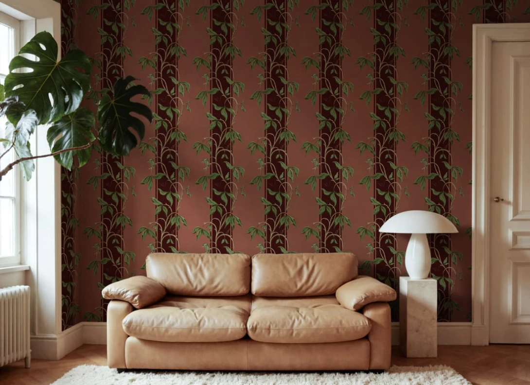 Rebel Walls R22069 Botanical Gardens Garden Stripe Burgundy - mural w pasy z pnączami i liśćmi