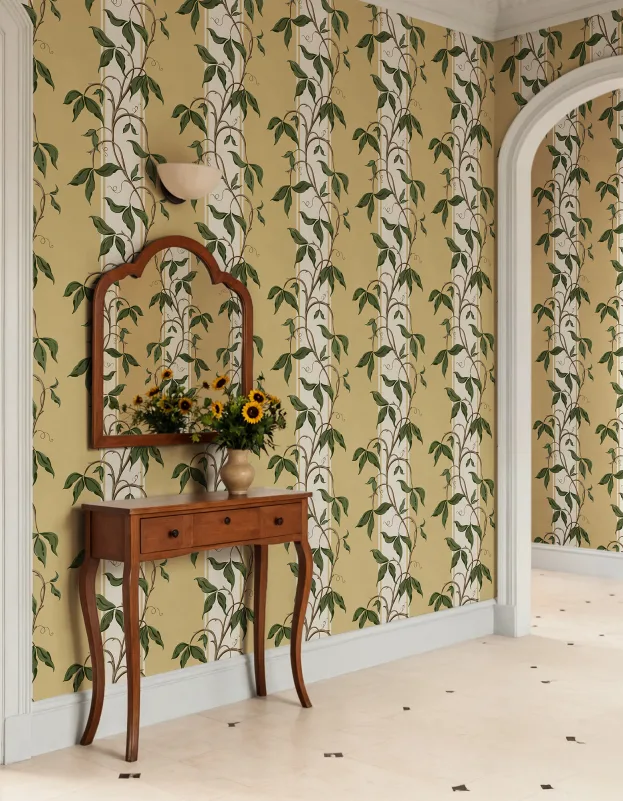Rebel Walls R22071 Botanical Gardens Garden Stripe Yellow - mural w pasy z pnączami i liśćmi