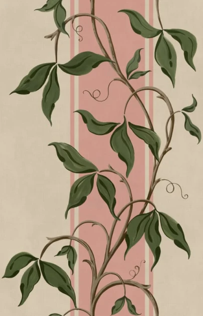 Rebel Walls R22072 Botanical Gardens Garden Stripe Pink - mural w pasy z pnączami i liśćmi