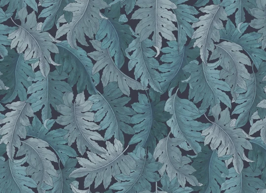 Rebel Walls R21686 Botanical Gardens Swirling Fern Blue - mural w liście paproci