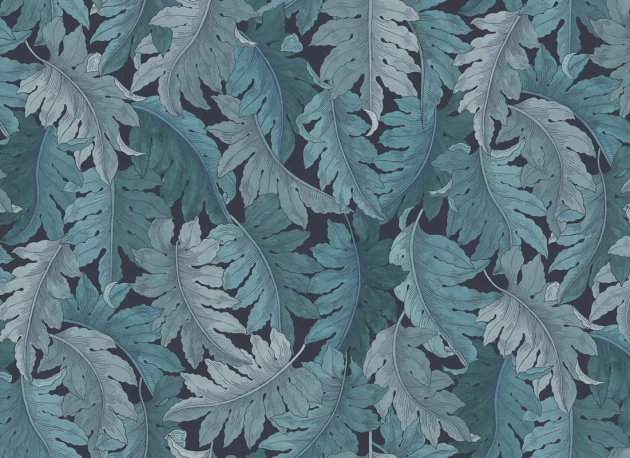 Rebel Walls R21686 Botanical Gardens Swirling Fern Blue - mural w liście paproci