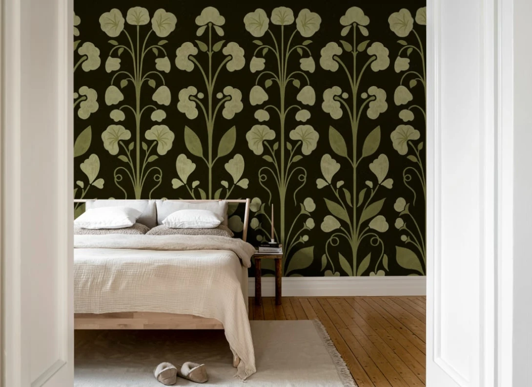 Rebel Walls R22078 Botanical Gardens Folk Flower Dark Green - mural w stylizowane kwiaty