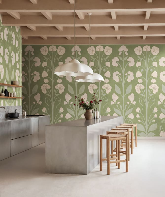 Rebel Walls R22079 Botanical Gardens Folk Flower Green - mural w stylizowane kwiaty