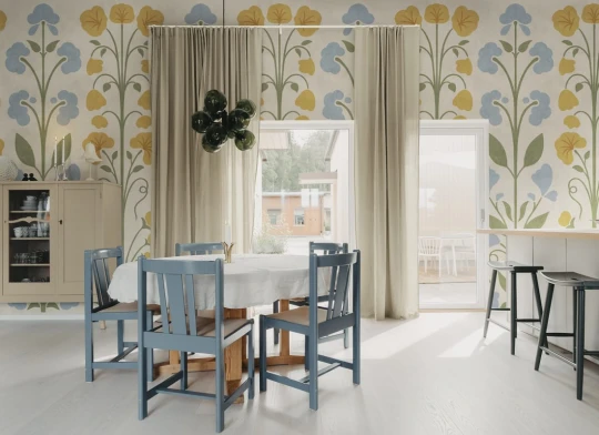 Rebel Walls R22081 Botanical Gardens Folk Flower Yellow - mural w stylizowane kwiaty