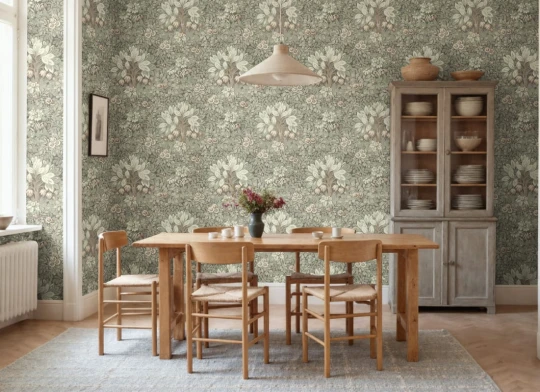 Rebel Walls R21674 Botanical Gardens Flower Tree Light Green - mural w ornament z drzewami