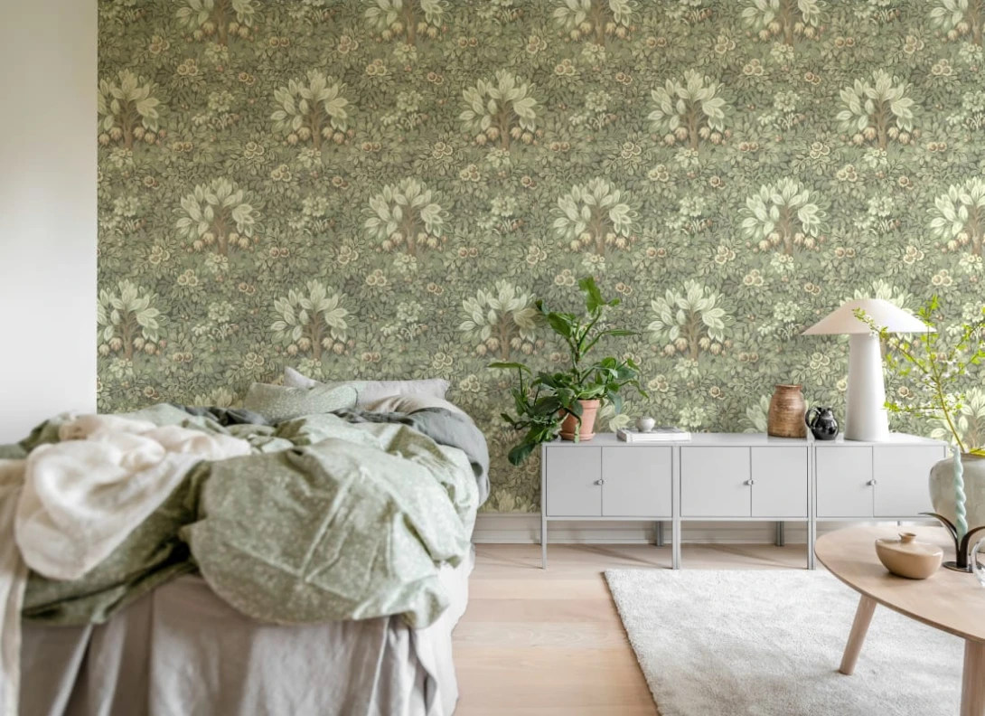 Rebel Walls R21674 Botanical Gardens Flower Tree Light Green - mural w ornament z drzewami