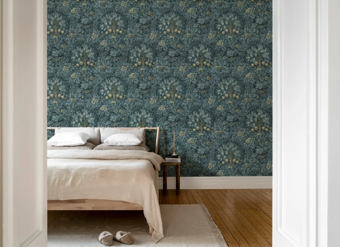Rebel Walls R21676 Botanical Gardens Flower Tree Blue - mural w ornament z drzewami